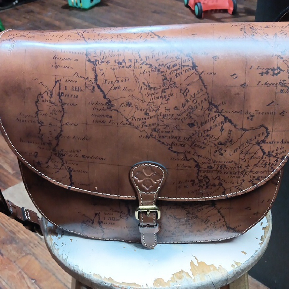 Brown Leather Map Print Messenger Bag